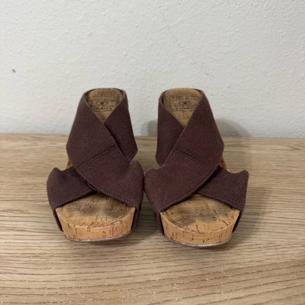 Lucky Brand Miller 2 Wedge Sandals Womens Size 7 M Brown Slip On Cork 37 EU Boho - Picture 3 of 13